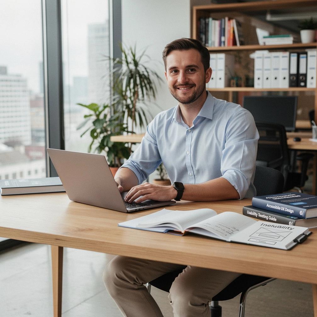 Person using a laptop with screen displaying software accessibility features settings.